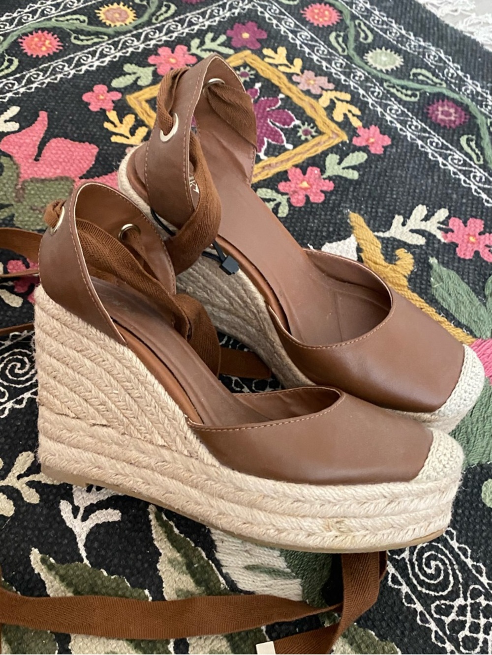 Brown Espadrille Wedge Sandals with Ankle Tie
